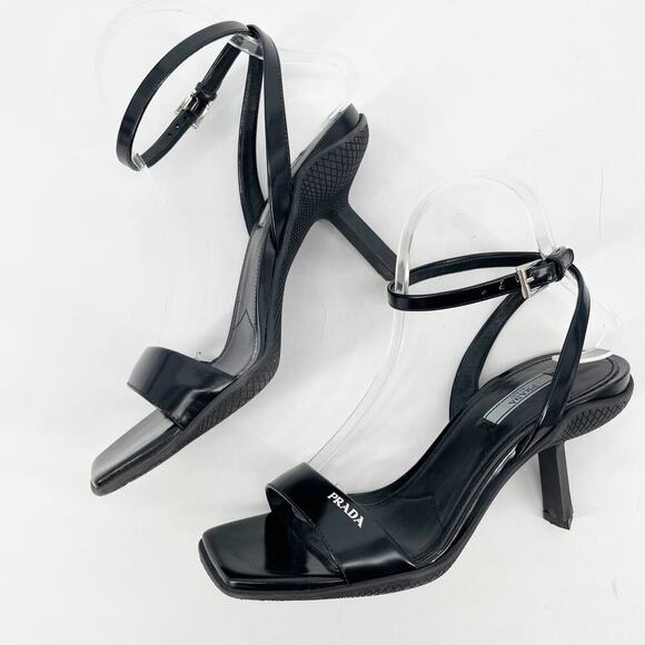 Prada Black Leather Logo Ankle Strap Strappy Sporty Heel Sandal size IT 39 - Picture 5 of 14